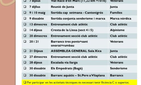 Agenda maig 2026 (Podeu obtenir més informació del detall de les sortides a la web)