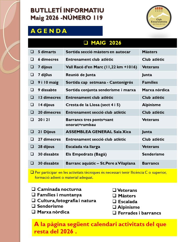 Agenda maig 2026 (Podeu obtenir més informació del detall de les sortides a la web)